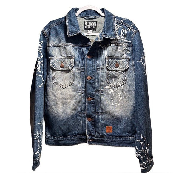 Billionaire Boys Club Button Up Denim Jacket Stars Faded Wash Distressed Collar - Picture 5 of 16